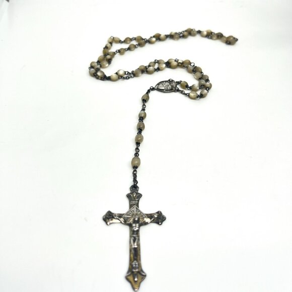 VINTAGE 925 STERLING SILVER ROSARY CATHOLIC CROSS NECKLACE BEADS 30” SIGNED - Picture 2 of 16